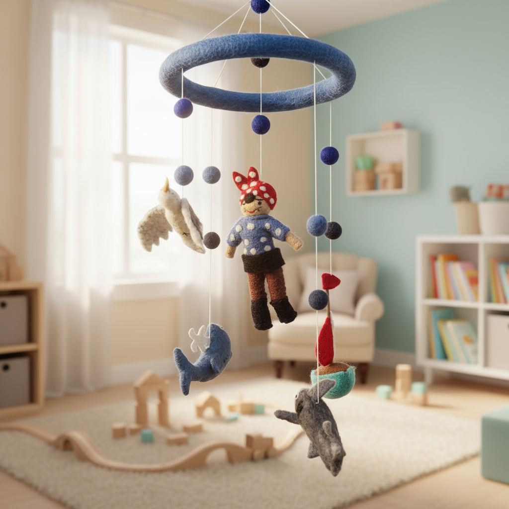 Handcrafted, felted wool Children&#39;s mobile with pirate and sea-themed toys hanging from a blue ring 