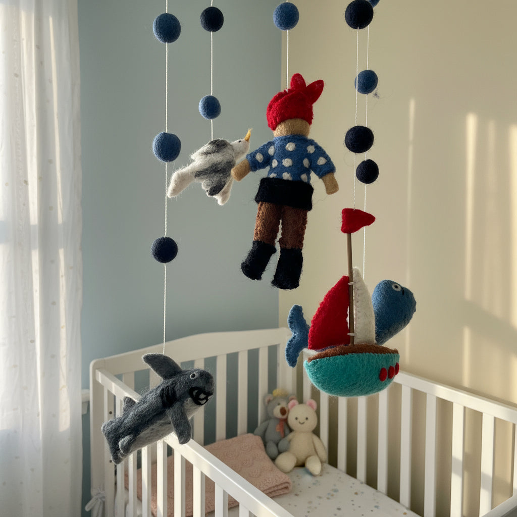 Handcrafted, felted wool Pirate and Ship children&#39;s toy mobile with various hanging characters.