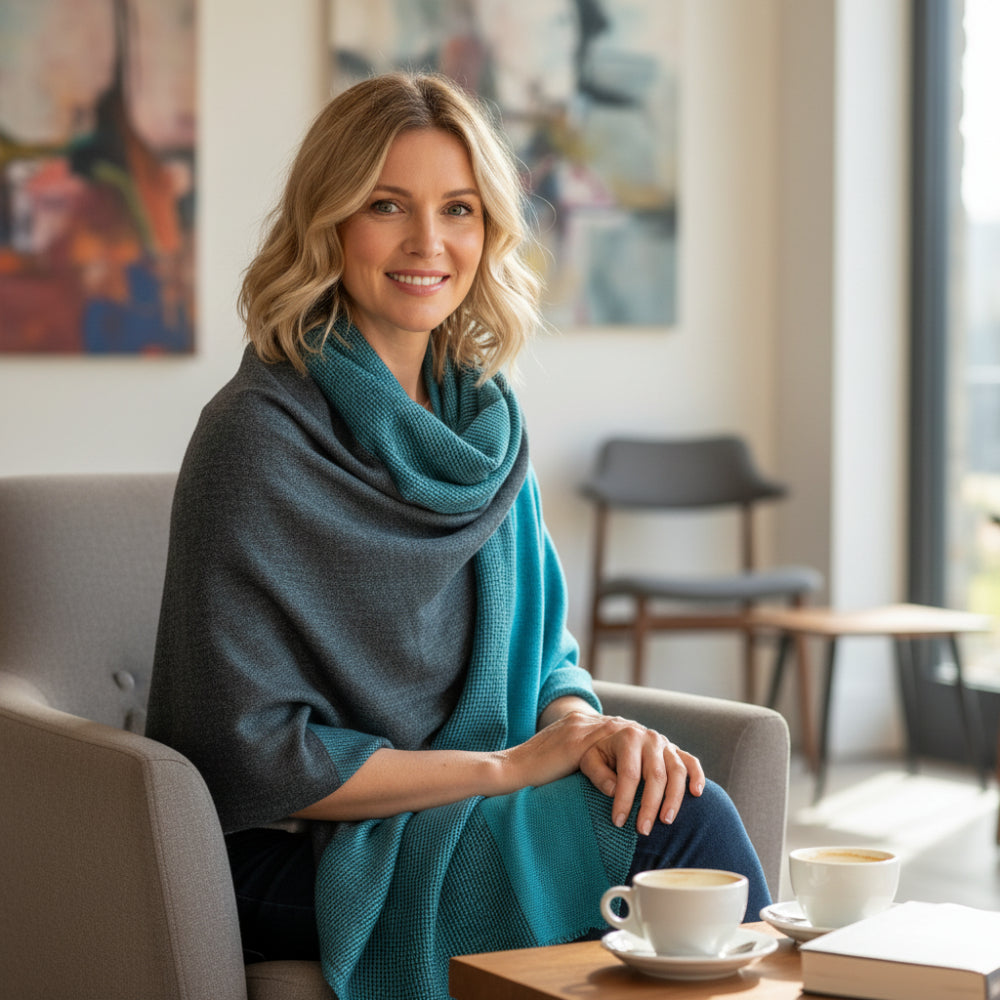 Handwoven Cashmere Reversible Pashmina - Teal & Grey
Teal woven cashmere shawl draped over a mannequin against a  cotswold stone wall background