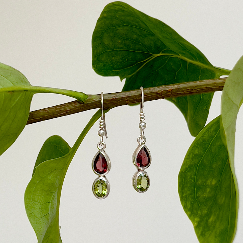 Peridot & Garnet Silver Earrings