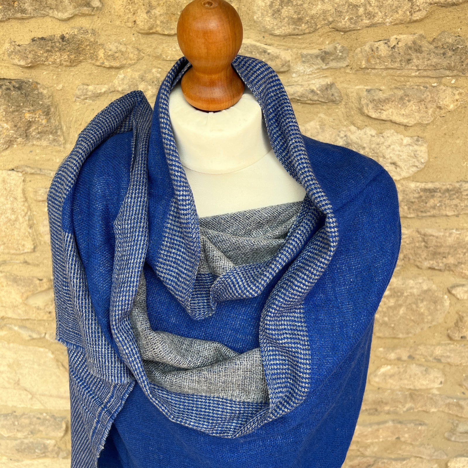 Handwoven Cashmere & Wool Reversible Pashmina - Blue & Grey