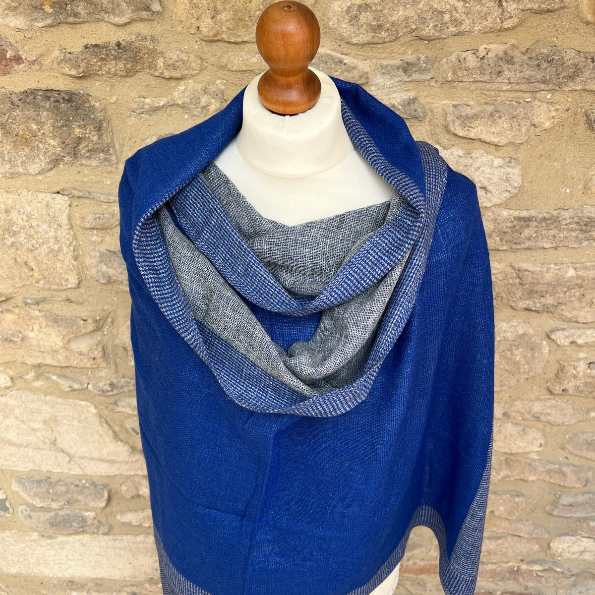 Handwoven Cashmere &amp; Wool Reversible Pashmina - Blue &amp; Grey