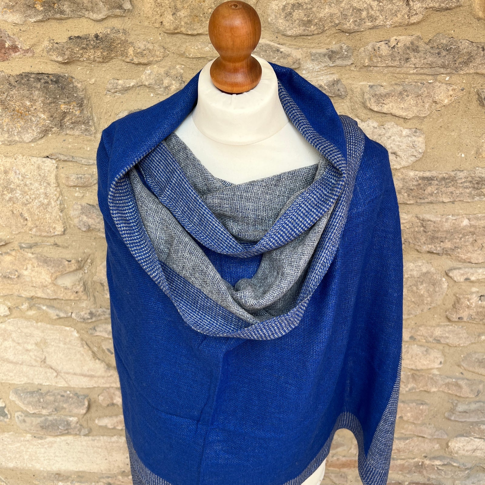 Handwoven Cashmere & Wool Reversible Pashmina - Blue & Grey