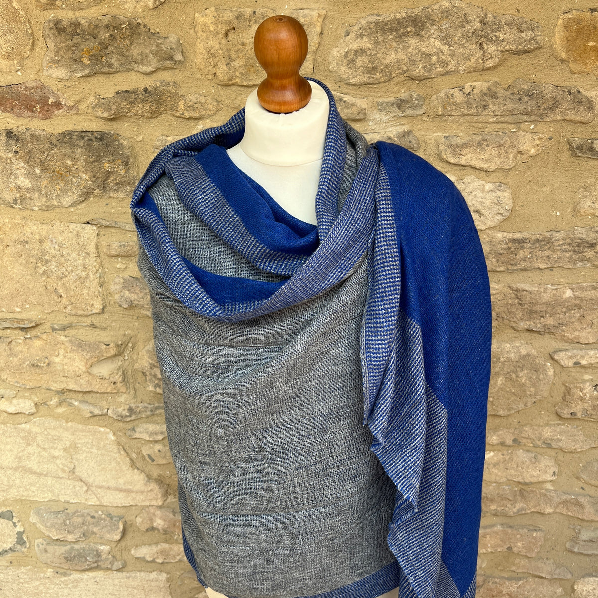 Handwoven Cashmere &amp; Wool Reversible Pashmina - Blue &amp; Grey