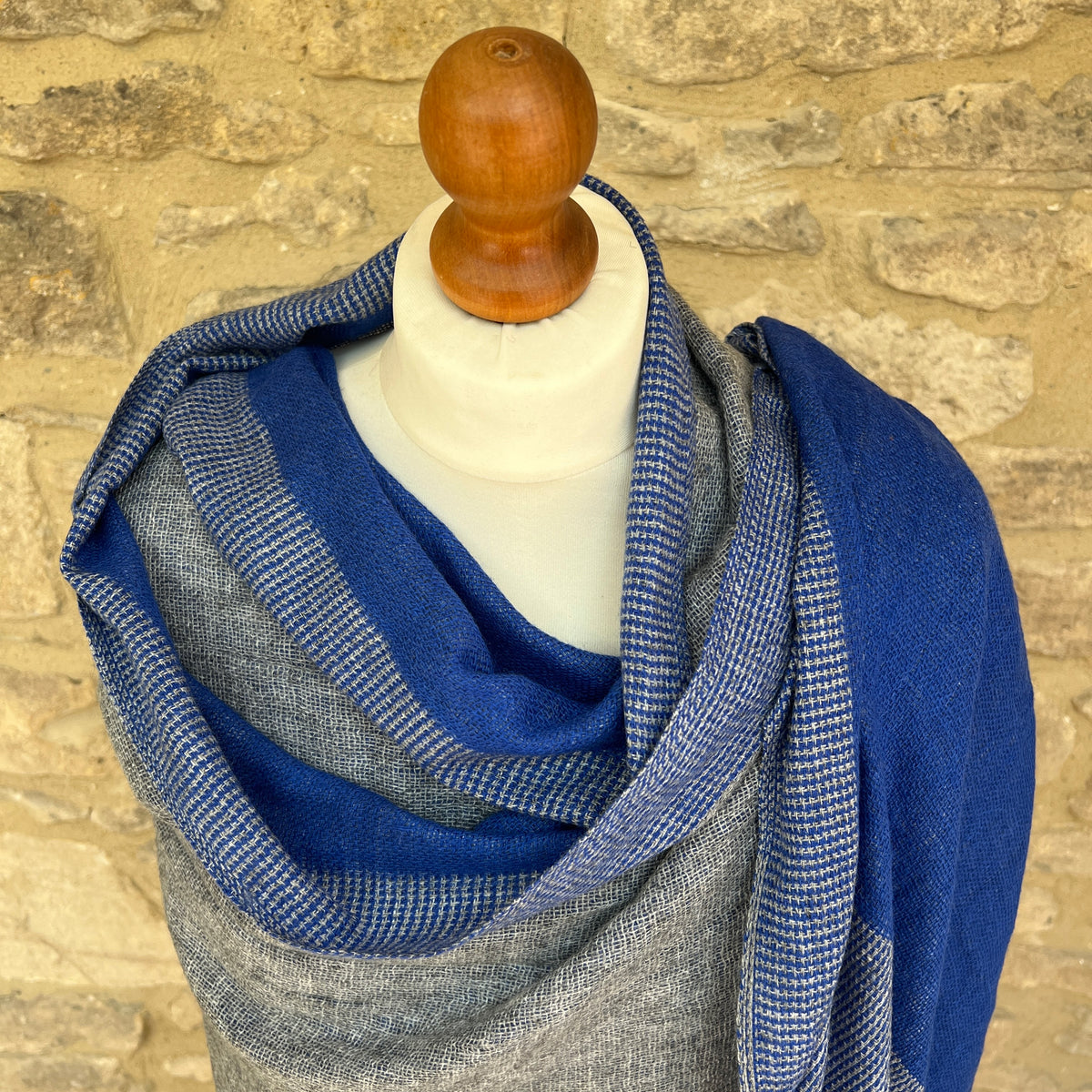 Handwoven Cashmere &amp; Wool Reversible Pashmina - Blue &amp; Grey
