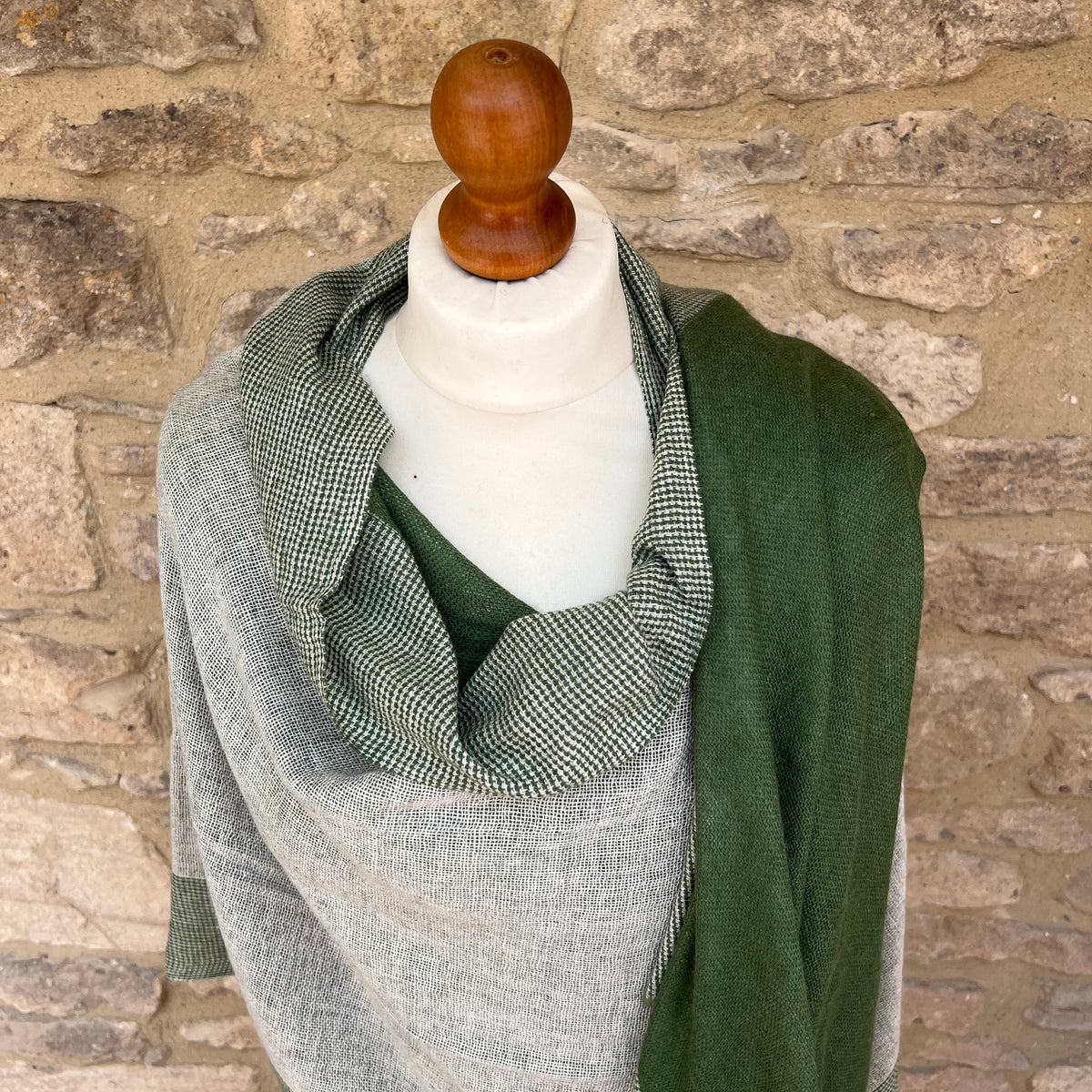 Handwoven Cashmere &amp; Wool Reversible Pashmina - Sage Green &amp; Grey