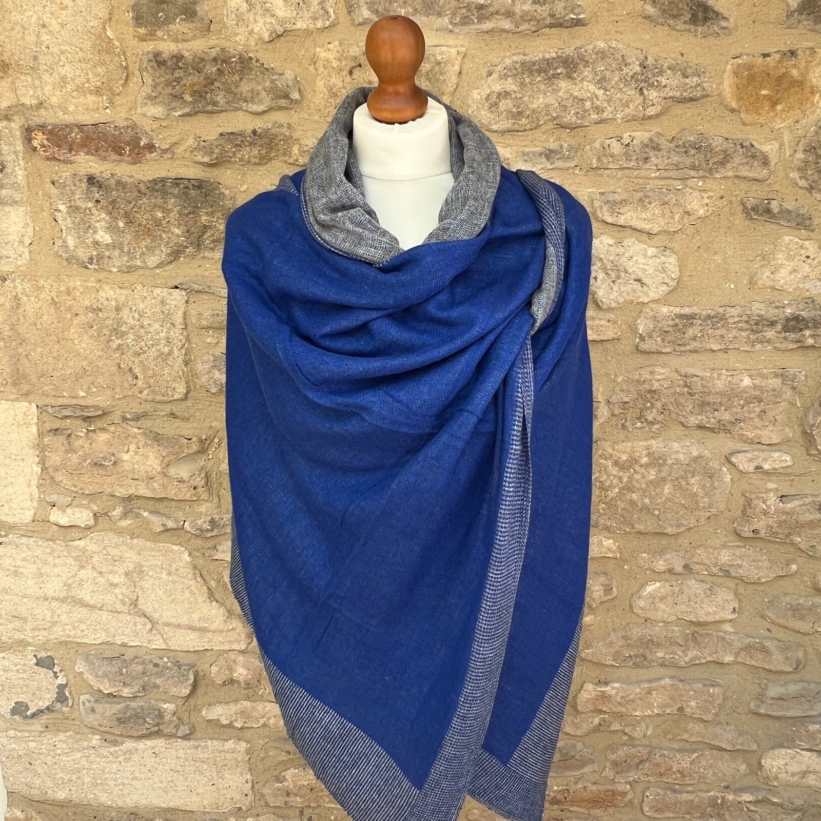 Handwoven Cashmere & Wool Reversible Pashmina - Blue & Grey