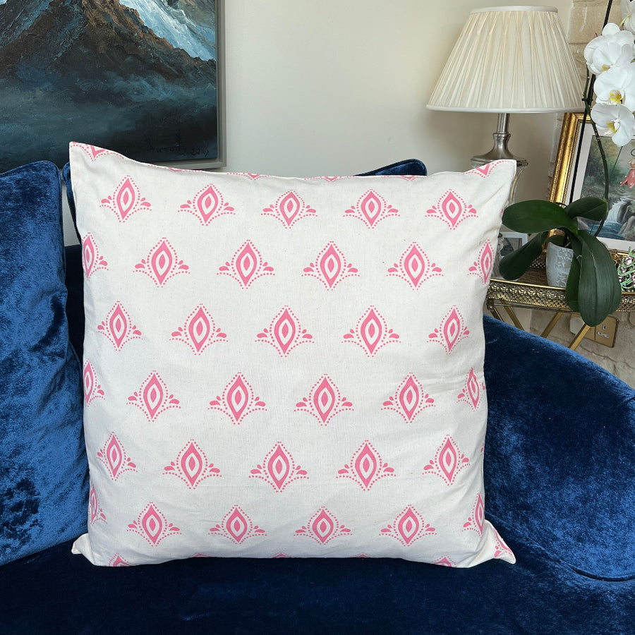 Hand Block Printed Organic Cotton Cushion - Pink Gatsby