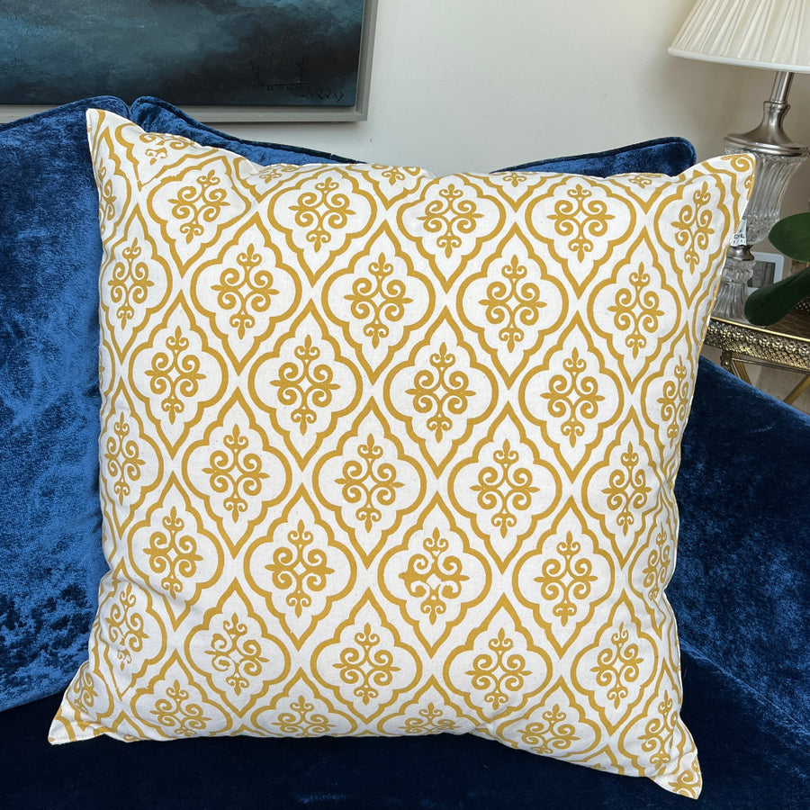 Hand Block Printed Organic Cotton Cushion - Golden Jacquard