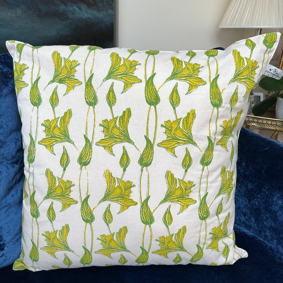 Hand Block Printed Organic Cotton Cushion - Daffodils