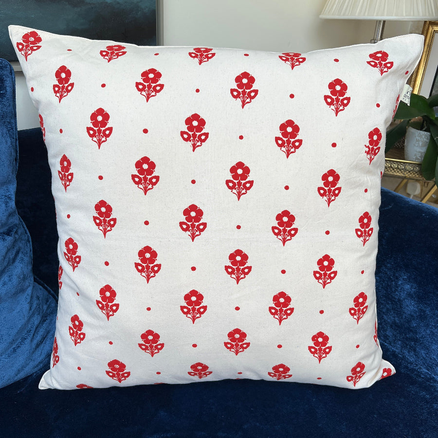 Hand Block Printed Organic Cotton Cushion - Floral Red