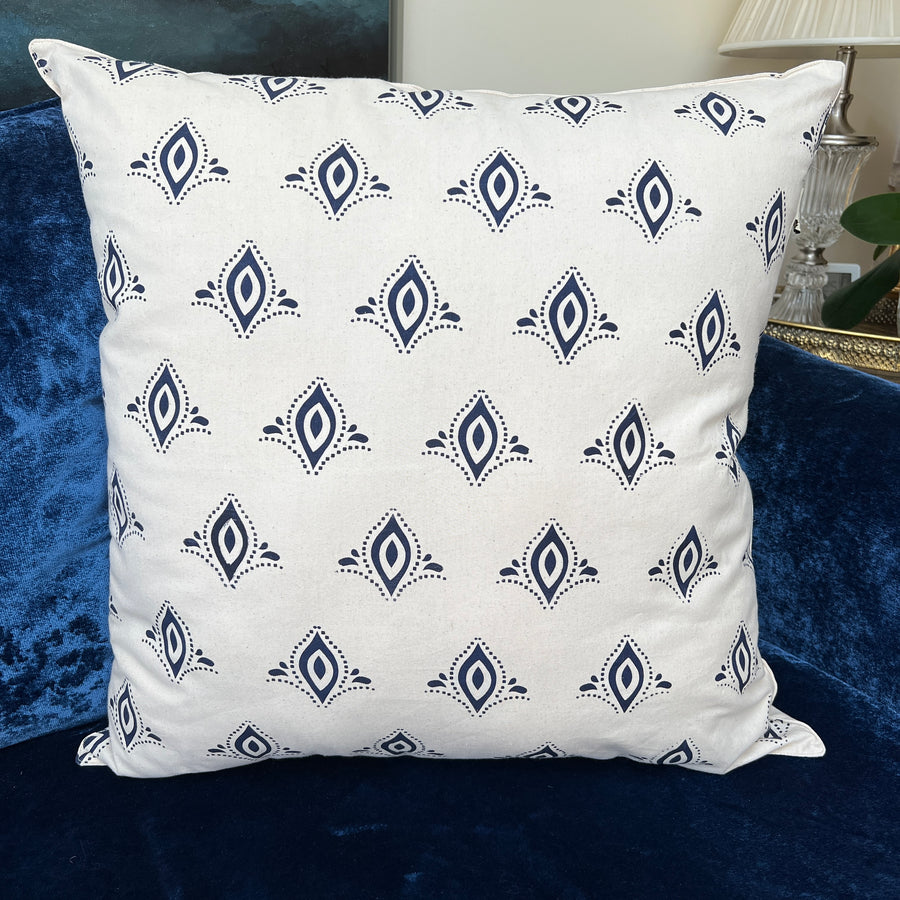Hand Block Printed Organic Cotton Cushion - Navy Art Deco