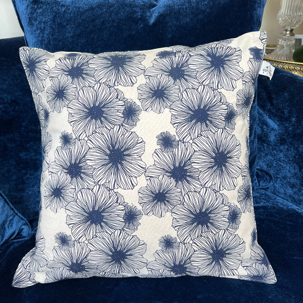Hand Block Printed Organic Cotton Cushion - Navy Floral