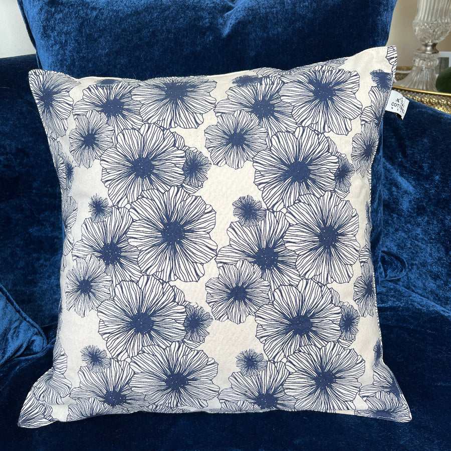 Hand Block Printed Organic Cotton Cushion - Navy Floral