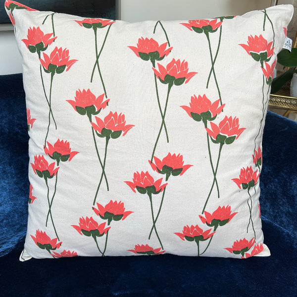Hand Block Printed Organic Cotton Cushion - Lotus