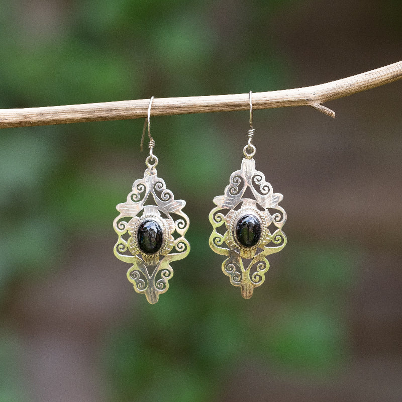 Handcrafted silver and black star gemstone earrings for pierced ears. 
