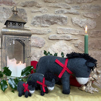 Handcrafted Felted Wool Donkey with a Red Scarf - Large