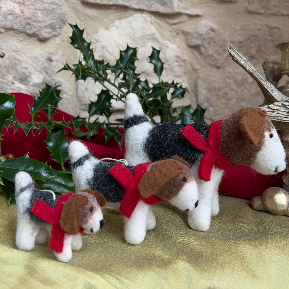 Handcrafted Felted Wool Patch Dog with Red Scarf 