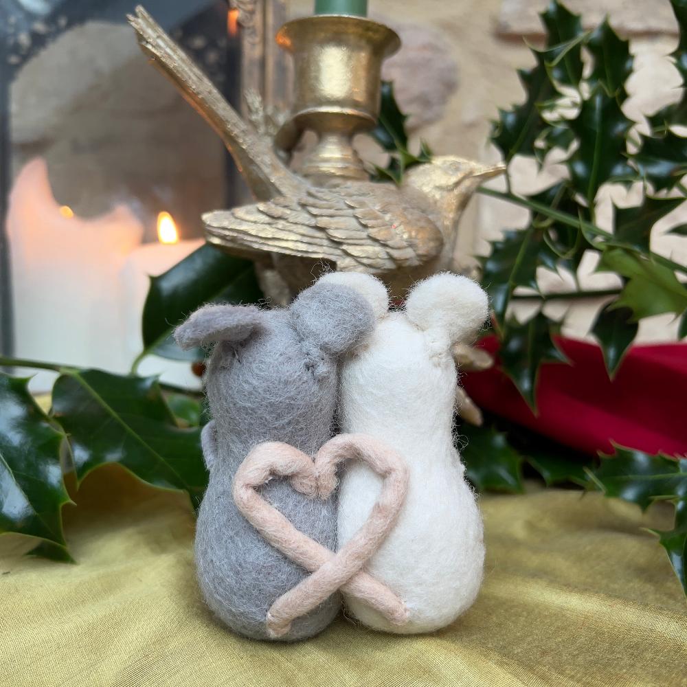 Handcrafted Felted Wool  Mice- Love is in the Air Mice Couple