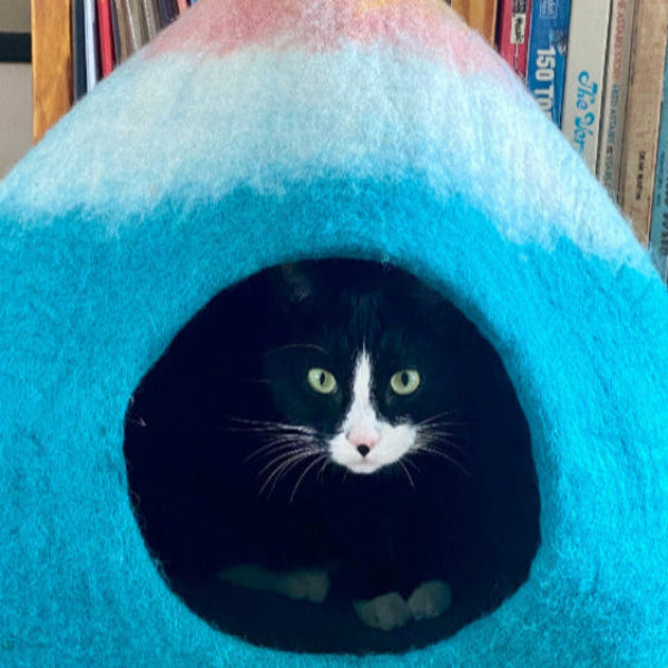 Pet cave shown with a green velvet armchair, a patterned cushion and cashmere blanket against a stone wall. Your furry friend deserves a snug hideaway that&#39;s as kind to the planet as it is to them.

This handcrafted wool felted cave is pure comfort—soft, warm, and naturally breathable for happy napping sessions. Crafted from 100% New Zealand wool and coloured with natural dyes, it&#39;s chemical-free and built to last. Sustainable and artisan crafted. 