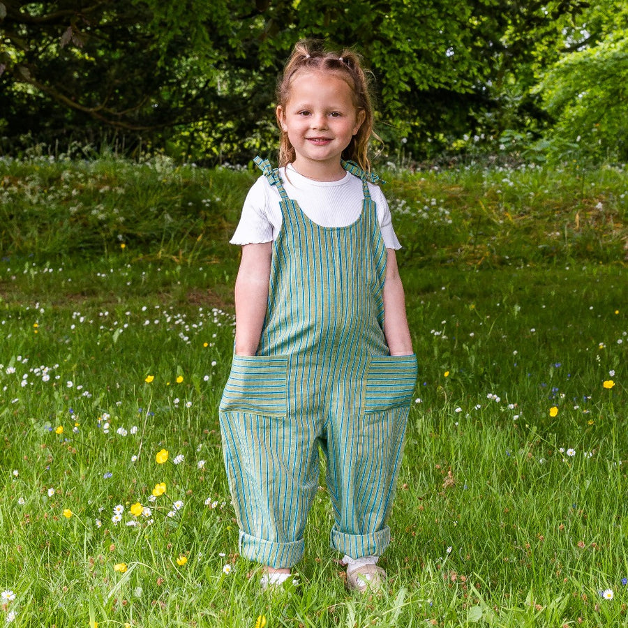 Organic Handcrafted Cotton Dungarees - Green with Blue Stripe