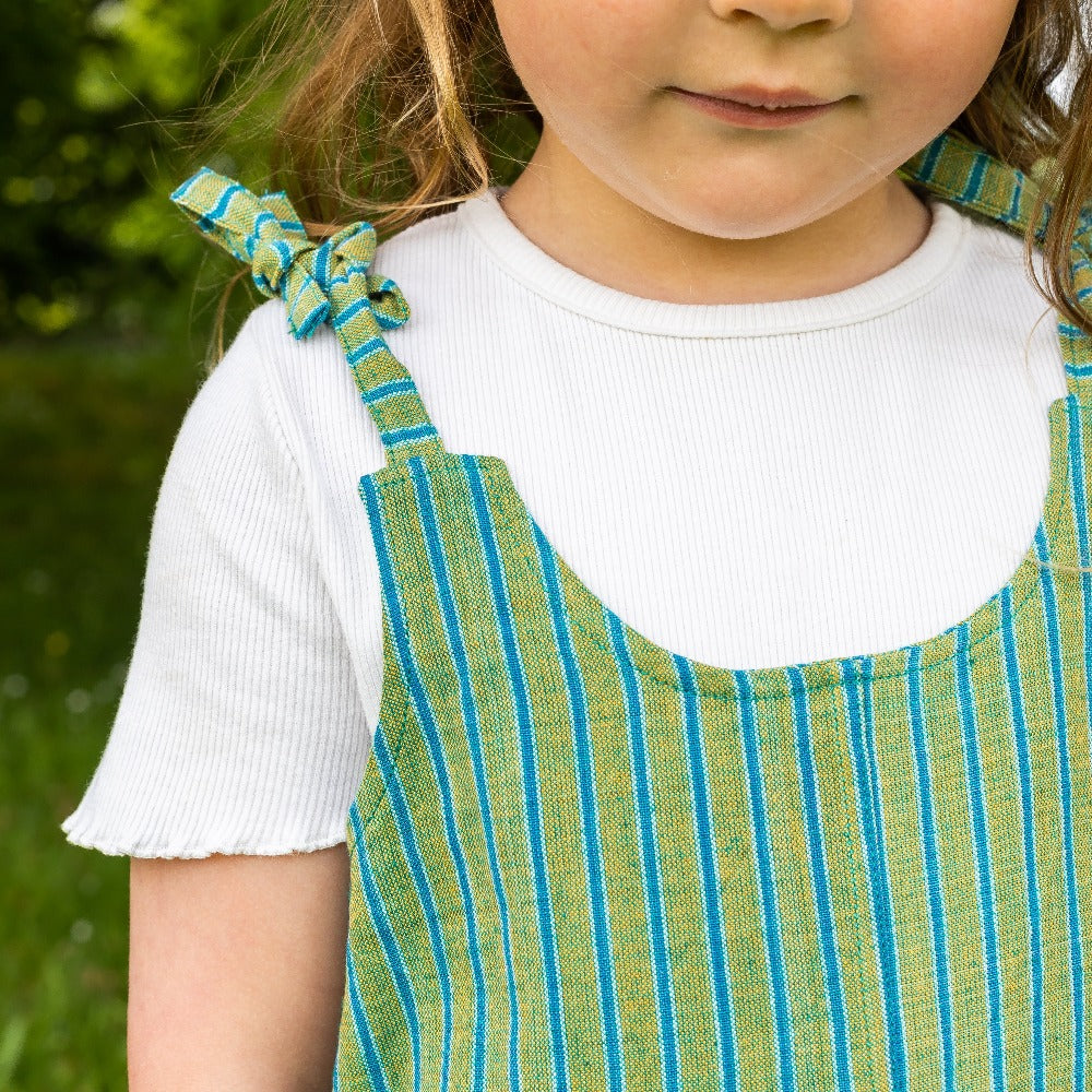 Girls Organic Cotton Dungarees  - Green with Blue Stripe