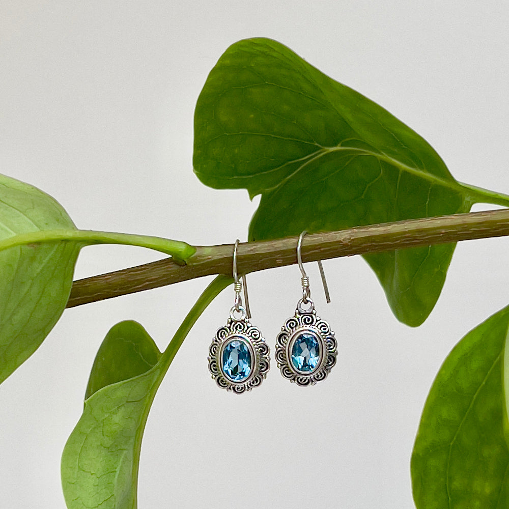 Topaz and silver earrings with an intricate design encasing the topaz stone. Set against a cream background on a green leaved branch. 