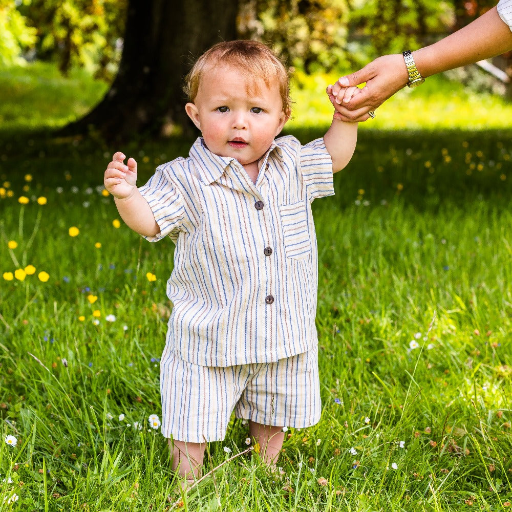 Unisex Cotton Shirt & Shorts Set - Off White with Brown, Blue & Yellow Stripe
