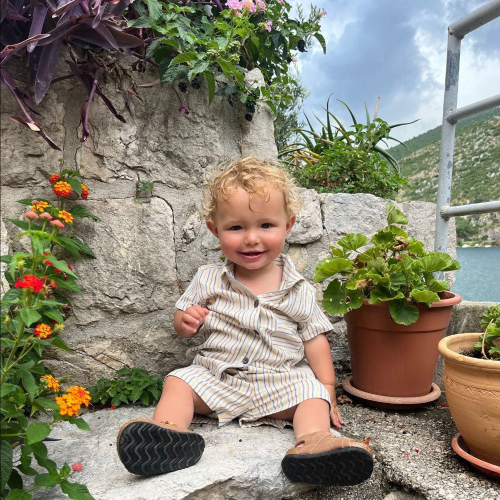 Unisex Cotton Shirt &amp; Shorts Set - Off White with Brown, Blue &amp; Yellow Stripe