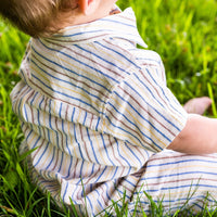 Unisex Cotton Shirt & Shorts Set - Off White with Brown, Blue & Yellow Stripe