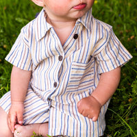 Unisex Cotton Shirt & Shorts Set - Off White with Brown, Blue & Yellow Stripe