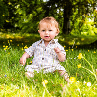 Unisex Cotton Shirt & Shorts Set - Off White with Brown, Blue & Yellow Stripe
