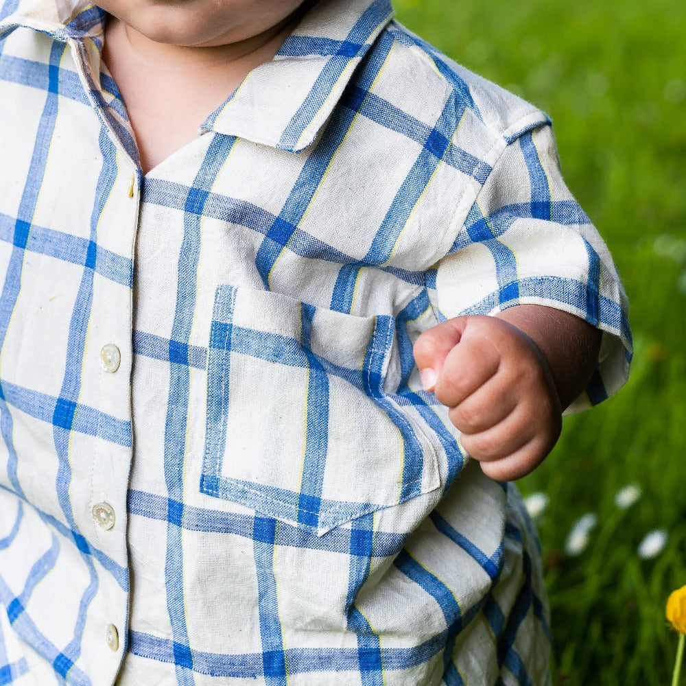 Unisex Cotton Shorts & Shirt Set - Off White with Blue Check
