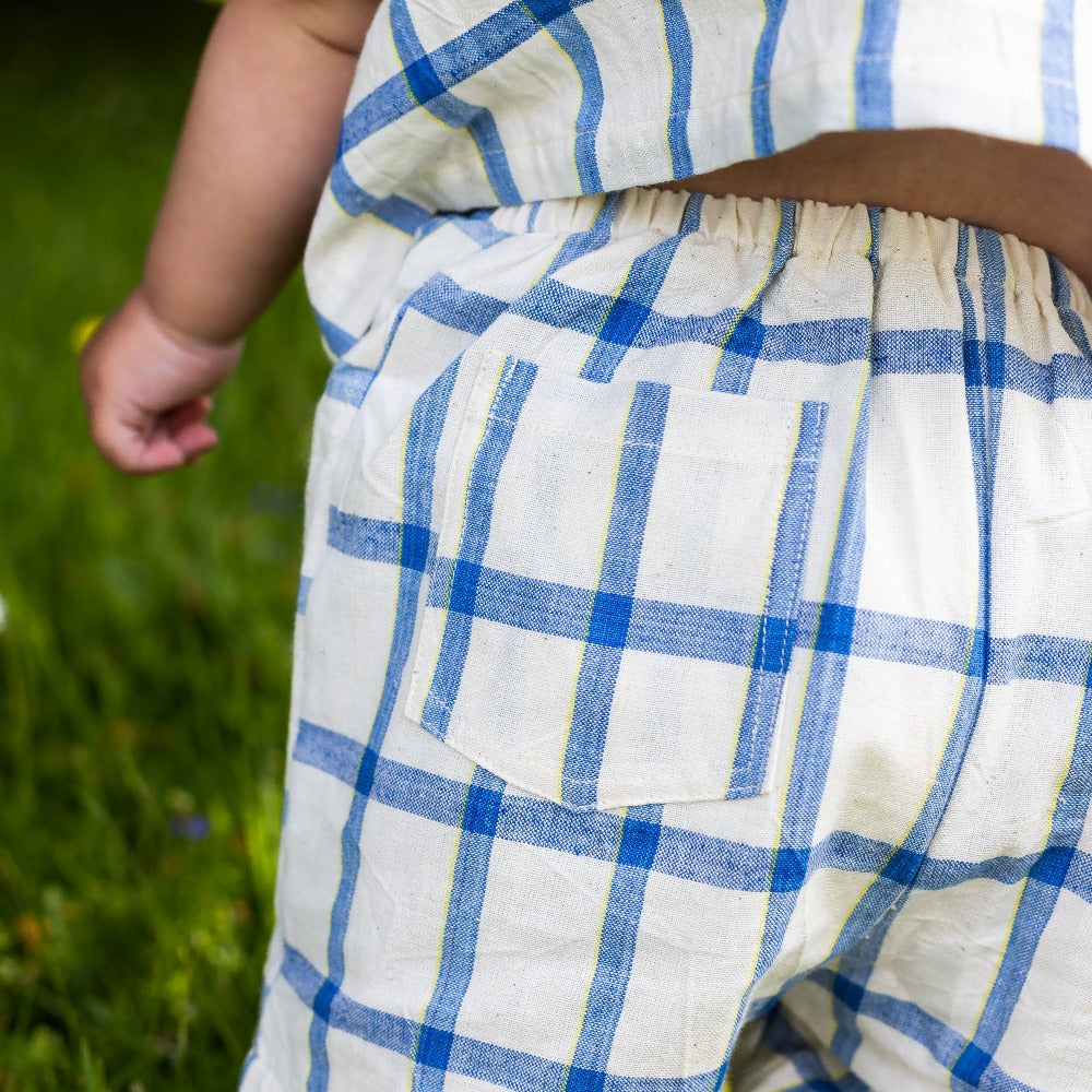 Unisex Cotton Shorts &amp; Shirt Set - Off White with Blue Check