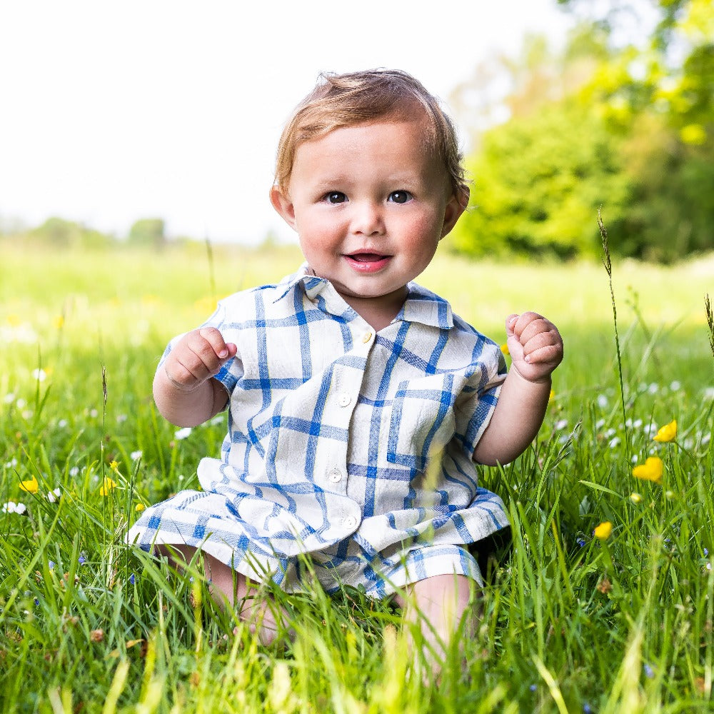 Unisex Cotton Shorts & Shirt Set - Off White with Blue Check