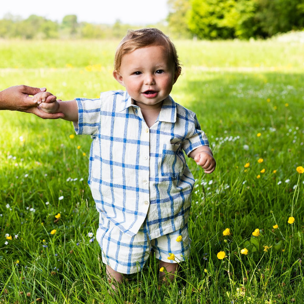 Unisex Cotton Shorts &amp; Shirt Set - Off White with Blue Check