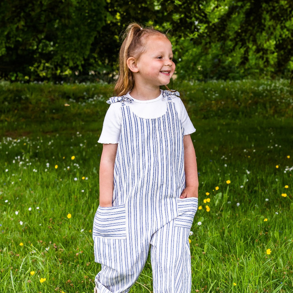 Unisex Organic Cotton Dungarees - Off White &amp; Blue Stripe