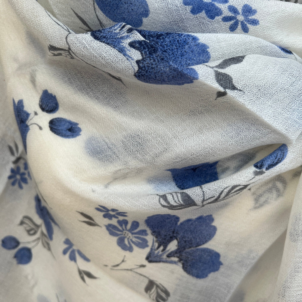 White cashmere gossamer scarf with blue floral patterns
