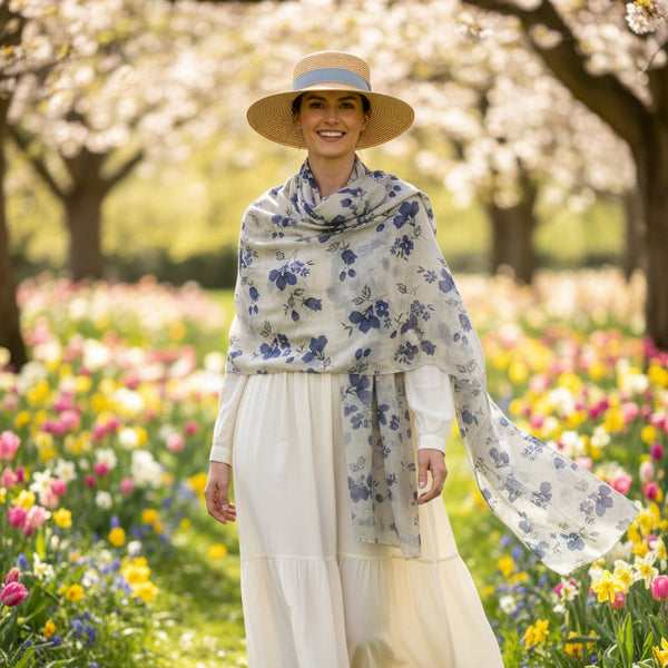 Cashmere Pashmina - Soft Blue Floral