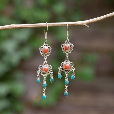 Douée -  Silver, Coral and Turquoise Earrings