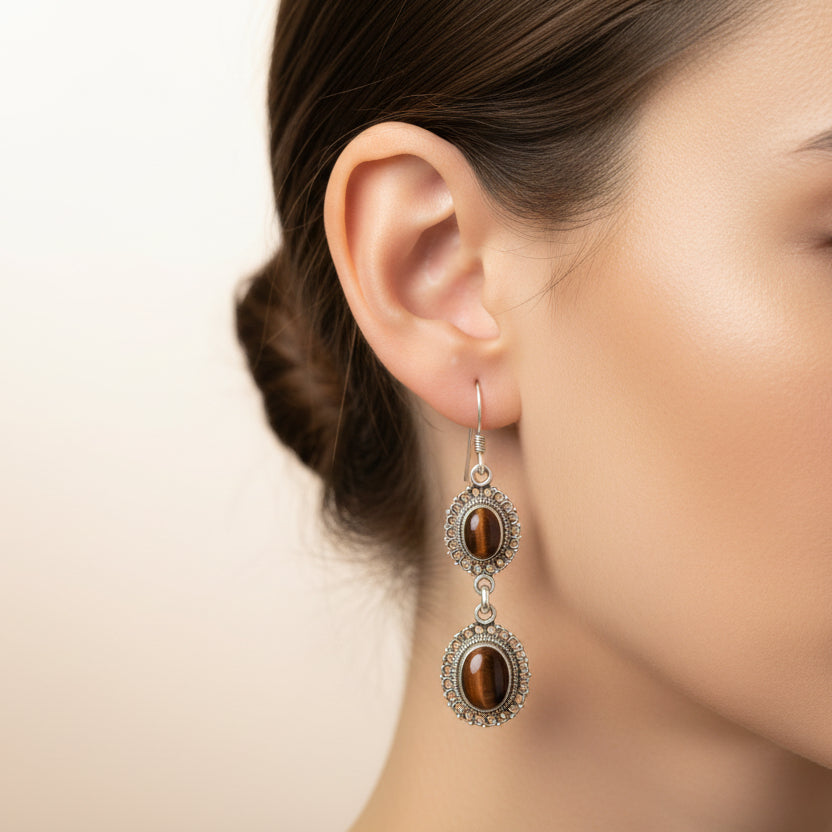Silver & Dark Brown Tigers Eye Earrings