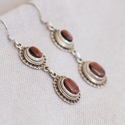 Douée -  Silver & Dark Brown Tigers Eye Earrings