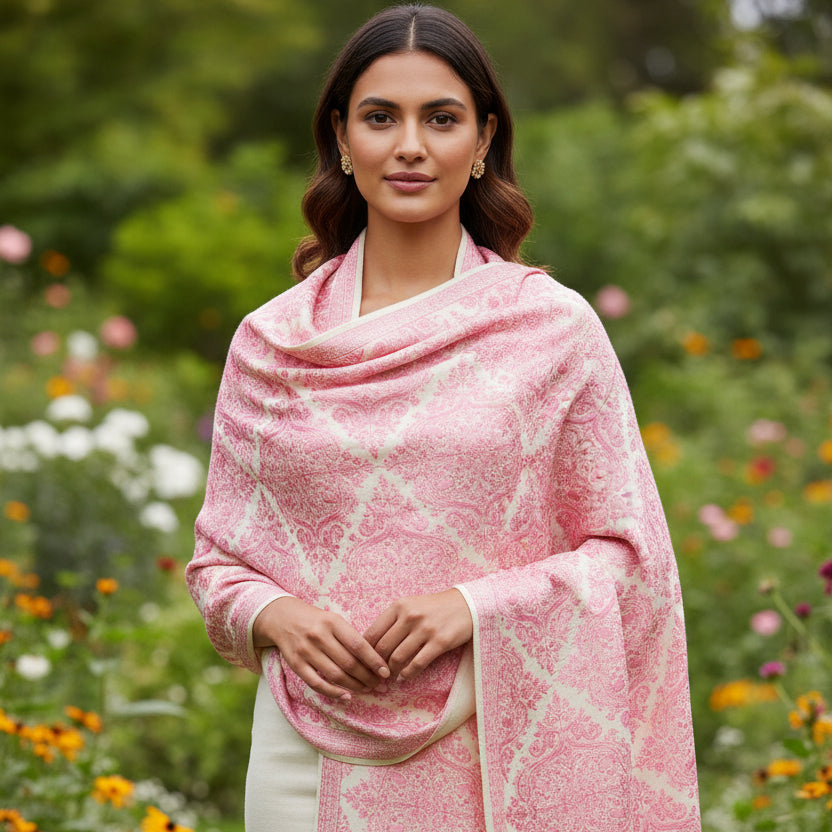 A pink and white cashmere embroidered pashmina with geometric patterns
