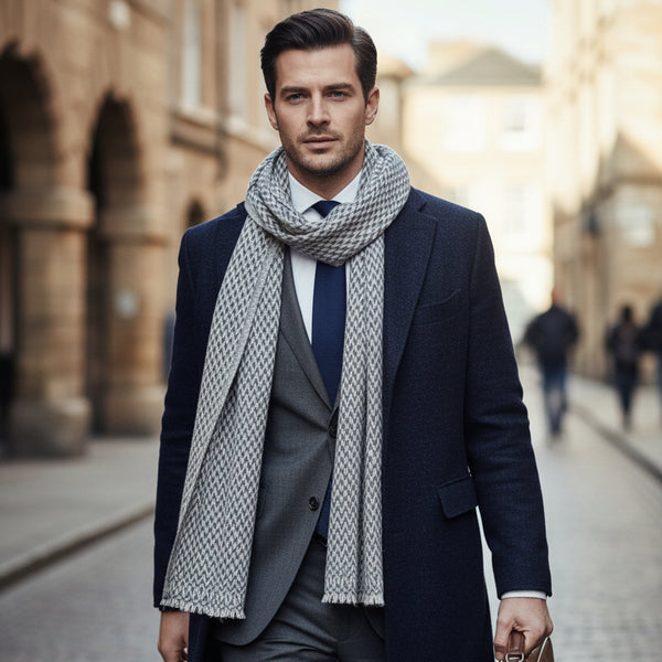 Cashmere Scarf - Grey Herringbone
