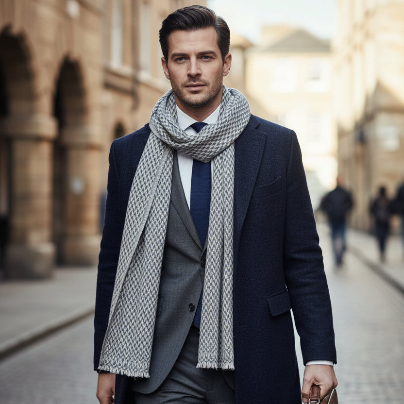 Cashmere Scarf - Grey Herringbone