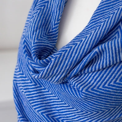Cashmere Scarf / Pashmina - Marine Blue Herringbone design on a mannequin against a white background 