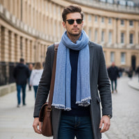 Cashmere & Wool Scarf / Wrap - Marine Blue Herringbone