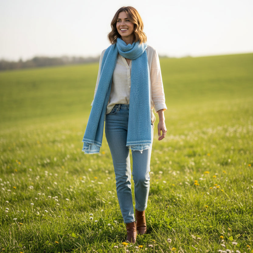 Cashmere & Wool Scarf / Wrap - Sky Blue Herringbone