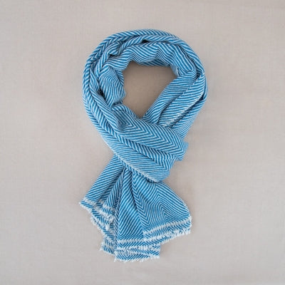 Cashmere Scarf / Wrap - Sky Blue Herringbone design on a mannequin against a white background with a green fern plant decoration.