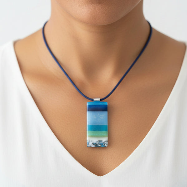 Handcrafted 'Seascape' Glass Pendant with Blue Waxed Cord